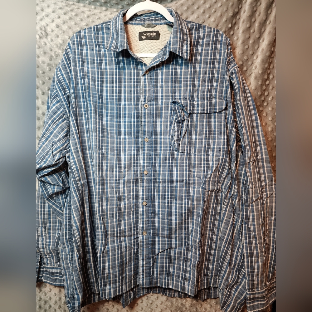 Wrangler 2XL Blue Plaid Casual Button Down Shirt